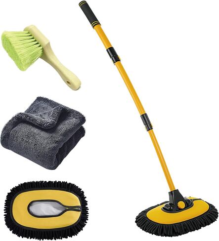 Car Wash Mop with Long Handle 15° Curved Extension Microfiber Scratch-Free Car Wash Brush with 1300GSM Thickened Drying Towel & Soft Bristle Tire Brush Complete Car Wash Kit (White & Grey) in Saudi Arabia