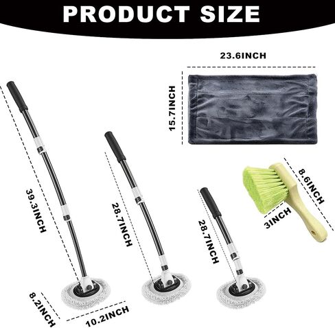 Car Wash Mop with Long Handle 15° Curved Extension Microfiber Scratch-Free Car Wash Brush with 1300GSM Thickened Drying Towel & Soft Bristle Tire Brush Complete Car Wash Kit (White & Grey) in Saudi Arabia