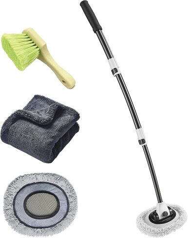 Car Wash Mop with Long Handle 15° Curved Extension Microfiber Scratch-Free Car Wash Brush with 1300GSM Thickened Drying Towel & Soft Bristle Tire Brush Complete Car Wash Kit (White & Grey) in Saudi Arabia