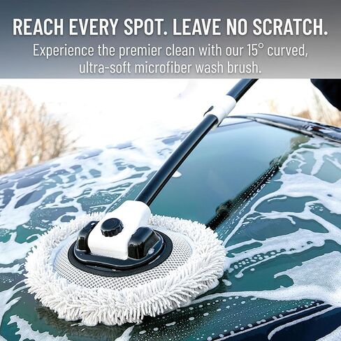 Car Wash Mop with Long Handle 15° Curved Extension Microfiber Scratch-Free Car Wash Brush with 1300GSM Thickened Drying Towel & Soft Bristle Tire Brush Complete Car Wash Kit (White & Grey) in Saudi Arabia