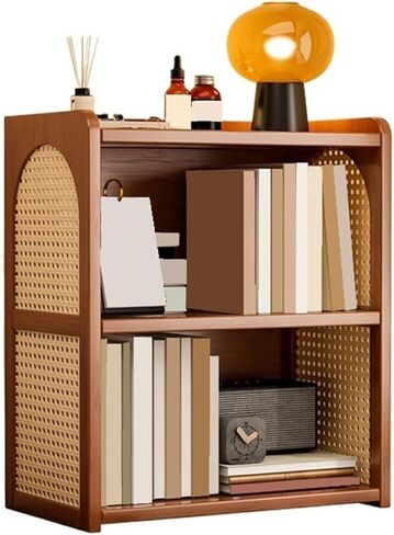 Bookcase Multipurpose Countertop Retro Bamboo Bookshelf with Plastic Rattan Weave Home Storage Rack Modern in Saudi Arabia