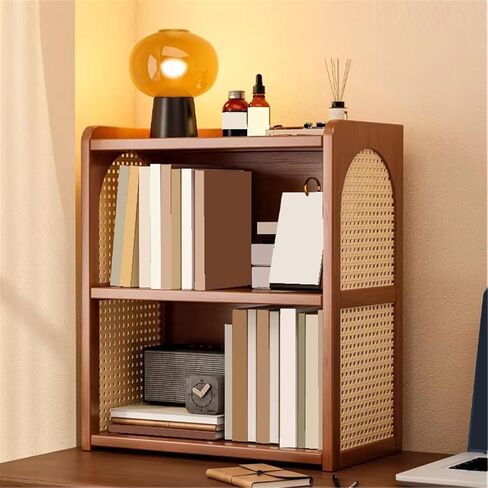 Bookcase Multipurpose Countertop Retro Bamboo Bookshelf with Plastic Rattan Weave Home Storage Rack Modern in Saudi Arabia