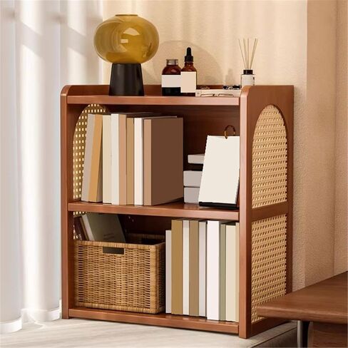 Bookcase Multipurpose Countertop Retro Bamboo Bookshelf with Plastic Rattan Weave Home Storage Rack Modern in Saudi Arabia