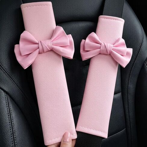 Car Seat Belt Cover with Decorative Bow, 3 Color Options in Pink, White and Black, Soft Plush Shoulder Pad Protectors for Vehicle Safety Comfort (Pink 2pcs) in Saudi Arabia
