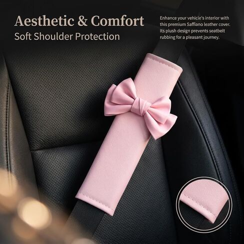 Car Seat Belt Cover with Decorative Bow, 3 Color Options in Pink, White and Black, Soft Plush Shoulder Pad Protectors for Vehicle Safety Comfort (Pink 2pcs) in Saudi Arabia