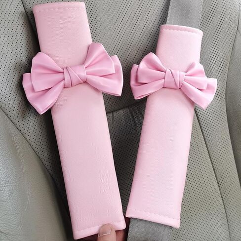 Car Seat Belt Cover with Decorative Bow, 3 Color Options in Pink, White and Black, Soft Plush Shoulder Pad Protectors for Vehicle Safety Comfort (Pink 2pcs) in Saudi Arabia
