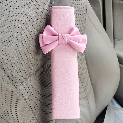 Car Seat Belt Cover with Decorative Bow, 3 Color Options in Pink, White and Black, Soft Plush Shoulder Pad Protectors for Vehicle Safety Comfort (Pink 2pcs) in Saudi Arabia
