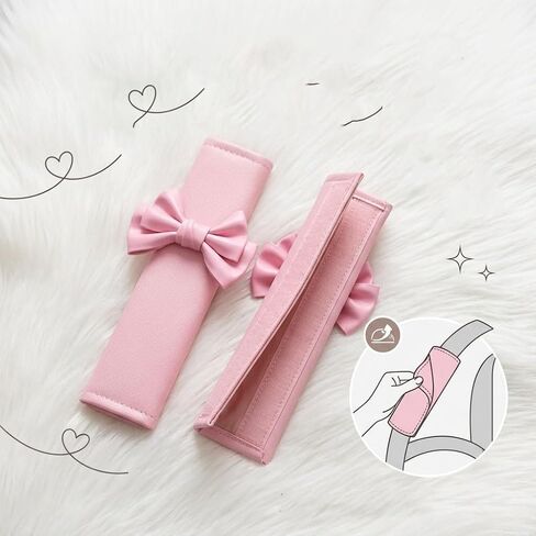 Car Seat Belt Cover with Decorative Bow, 3 Color Options in Pink, White and Black, Soft Plush Shoulder Pad Protectors for Vehicle Safety Comfort (Pink 2pcs) in Saudi Arabia