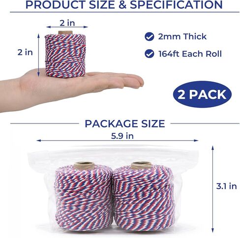 Cotton Twine String,2mm Thick, 164 Feet per Roll, 2 Pack, for Crafts Gift Wrapping Baking Holiday Decor,Red Blue and White in Saudi Arabia