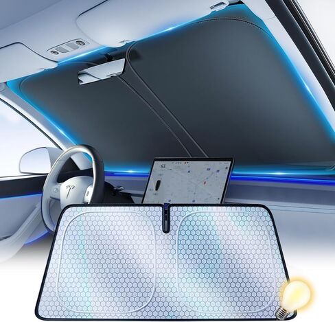 [2026 Upgraded] FOURDOPLI Graphene Dual-Layer Car Windshield Sun Shade for 2016-2026 Tesla Model Y & Model 3, Foldable car Window Shades with Includes Storage Bag, Block UV Rays Keep Car Cool in Saudi Arabia