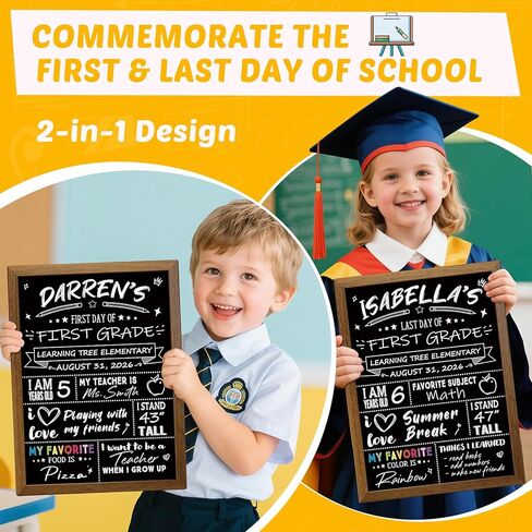 Back to School Chalkboard Sign for Kids, First & Last Day of School Board, Double-Sided Reusable Wooden Frame with 6 Chalk Markers, School Photo Prop Keepsake for Preschool Kindergarten (14x11) in Saudi Arabia