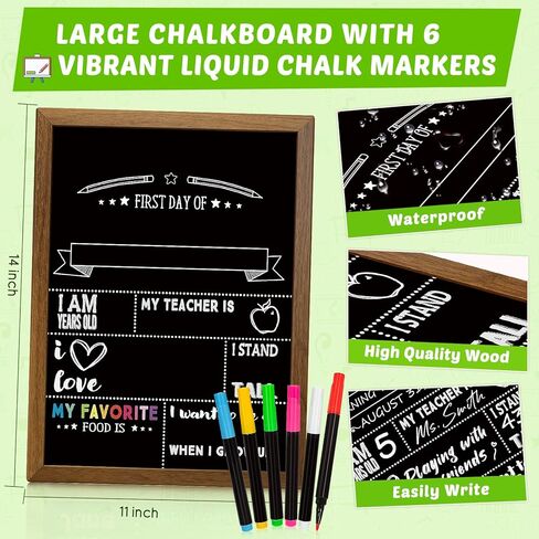 Back to School Chalkboard Sign for Kids, First & Last Day of School Board, Double-Sided Reusable Wooden Frame with 6 Chalk Markers, School Photo Prop Keepsake for Preschool Kindergarten (14x11) in Saudi Arabia
