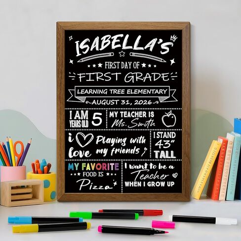 Back to School Chalkboard Sign for Kids, First & Last Day of School Board, Double-Sided Reusable Wooden Frame with 6 Chalk Markers, School Photo Prop Keepsake for Preschool Kindergarten (14x11) in Saudi Arabia