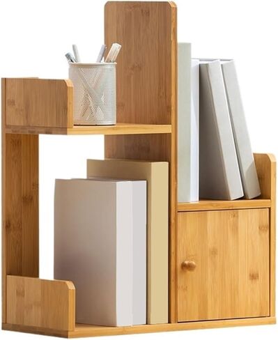 Bookcase Home Staggered Minimalism Tabletop Bamboo Bookshelf Multipurpose Storage Rack with Door Modern in Saudi Arabia