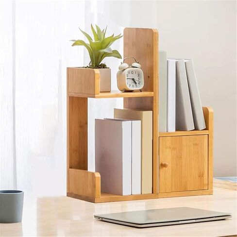Bookcase Home Staggered Minimalism Tabletop Bamboo Bookshelf Multipurpose Storage Rack with Door Modern in Saudi Arabia