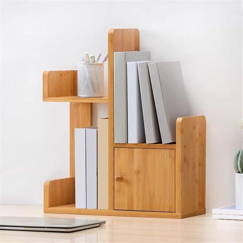 Bookcase Home Staggered Minimalism Tabletop Bamboo Bookshelf Multipurpose Storage Rack with Door Modern in Saudi Arabia