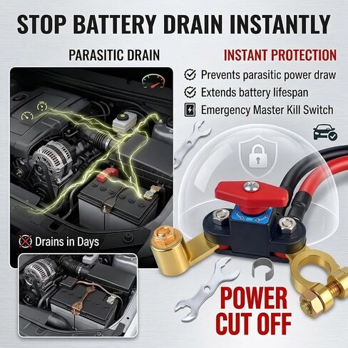 Top Post Battery Disconnect Switch, 12V/24V Heavy Duty Battery Cut Off Switch with Red Knob & Installation Wrench, Anti-Theft Master Kill Switch for Car, RV, Boat, Truck, and Marine Vehicles in Saudi Arabia