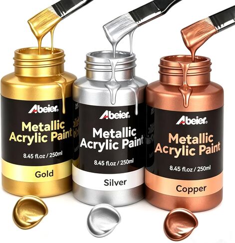ABEIER Metallic Acrylic Paint Set - 3 Colors (Gold, Silver, Copper) 25.35 fl oz/750ml, High-Gloss Paint for Metal, Wood, Canvas & Crafts, Non-Toxic Reflective Metallic Paint for Beginners Artists in Saudi Arabia