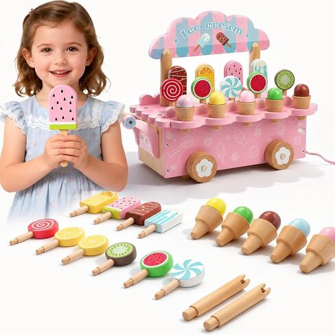 BROWNROOT Wooden Ice Cream Cart for Kids, Pull Along Pretend Play Food Toys with Fruit Popsicles Lollipops, Play Kitchen Accessories Preschool Store Toy for Toddlers Girls Boys 3+ Gift in Saudi Arabia