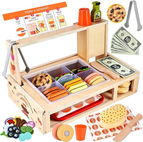Foldable Sandwich Maker Toy, Wooden Sandwich Counter with Hamburgers, Side Dishes, Beverages, Pretend Play Kitchen Food Toy, Preschool Toys Gift for Kids 3+ in Saudi Arabia