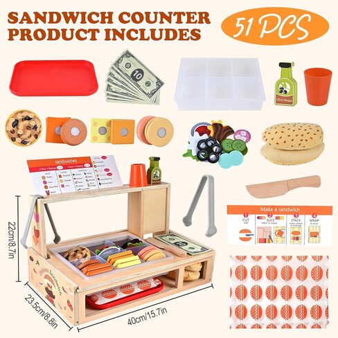 Foldable Sandwich Maker Toy, Wooden Sandwich Counter with Hamburgers, Side Dishes, Beverages, Pretend Play Kitchen Food Toy, Preschool Toys Gift for Kids 3+ in Saudi Arabia