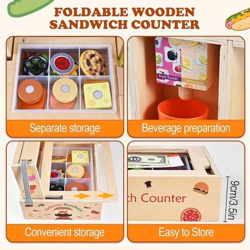 Foldable Sandwich Maker Toy, Wooden Sandwich Counter with Hamburgers, Side Dishes, Beverages, Pretend Play Kitchen Food Toy, Preschool Toys Gift for Kids 3+ in Saudi Arabia