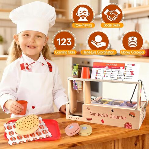 Foldable Sandwich Maker Toy, Wooden Sandwich Counter with Hamburgers, Side Dishes, Beverages, Pretend Play Kitchen Food Toy, Preschool Toys Gift for Kids 3+ in Saudi Arabia