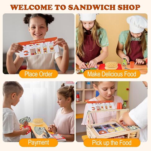 Foldable Sandwich Maker Toy, Wooden Sandwich Counter with Hamburgers, Side Dishes, Beverages, Pretend Play Kitchen Food Toy, Preschool Toys Gift for Kids 3+ in Saudi Arabia