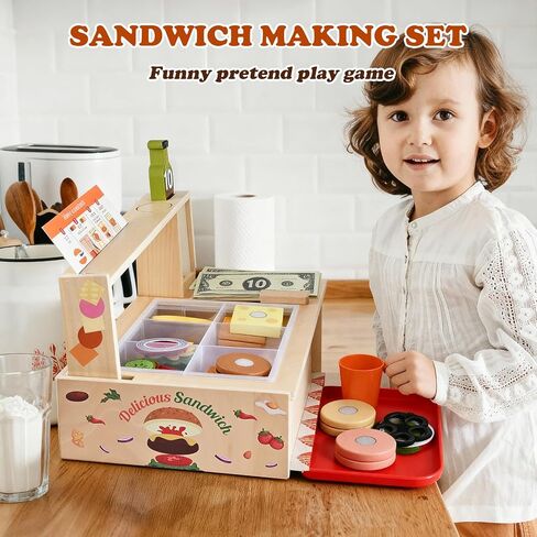 Foldable Sandwich Maker Toy, Wooden Sandwich Counter with Hamburgers, Side Dishes, Beverages, Pretend Play Kitchen Food Toy, Preschool Toys Gift for Kids 3+ in Saudi Arabia