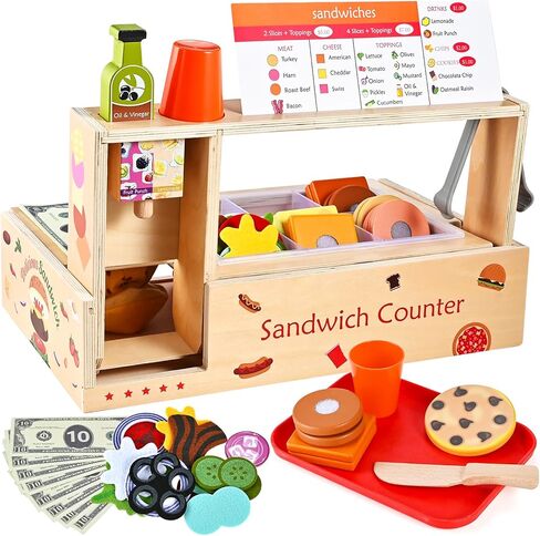 Foldable Sandwich Maker Toy, Wooden Sandwich Counter with Hamburgers, Side Dishes, Beverages, Pretend Play Kitchen Food Toy, Preschool Toys Gift for Kids 3+ in Saudi Arabia