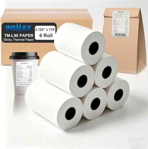 6 Pack Sticky Thermal Receipt Paper Rolls (80mm) 3 1/8" x 170' Compatible with Epson TM-L90, TM-L90ii, Star TSP654IIsk and Other Liner Free Label Printers. Works with Toast POS Systems. in Saudi Arabia