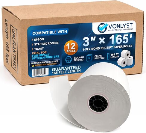 3" x 165' Bond Receipt Paper Rolls (12 Pack) – 1-Ply White POS Kitchen Printer Paper for Impact Printers – Compatible with Epson TM-U200, Star SP700, Bixolon SRP275, Toast TKP300 in Saudi Arabia