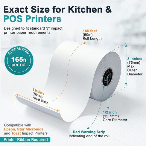 3" x 165' Bond Receipt Paper Rolls (12 Pack) – 1-Ply White POS Kitchen Printer Paper for Impact Printers – Compatible with Epson TM-U200, Star SP700, Bixolon SRP275, Toast TKP300 in Saudi Arabia