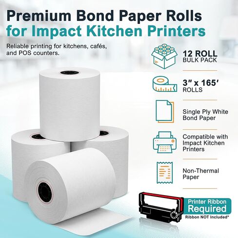 3" x 165' Bond Receipt Paper Rolls (12 Pack) – 1-Ply White POS Kitchen Printer Paper for Impact Printers – Compatible with Epson TM-U200, Star SP700, Bixolon SRP275, Toast TKP300 in Saudi Arabia
