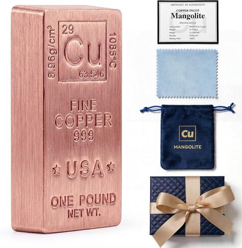 1 Lb Copper Bar .999 Pure Copper Bullion - Solid, Heavy & Beautiful Cu-Designed Ingot - Desk Display, Paperweight, 7th Anniversary Wedding Gift for Him/Her with COA, Gift Box, Pouch & Cloth in Saudi Arabia