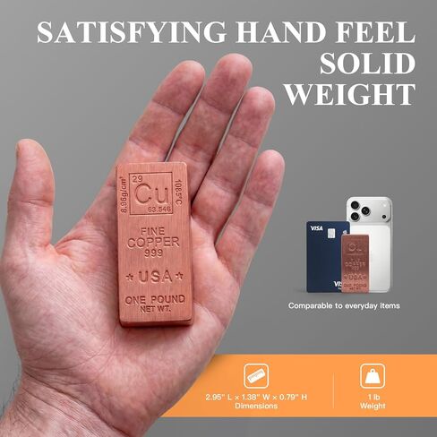 1 Lb Copper Bar .999 Pure Copper Bullion - Solid, Heavy & Beautiful Cu-Designed Ingot - Desk Display, Paperweight, 7th Anniversary Wedding Gift for Him/Her with COA, Gift Box, Pouch & Cloth in Saudi Arabia