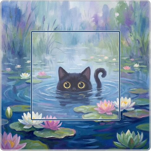 Monet Inspired Waterlily Black Cat Mahjong Mat 31.5" x 31.5",Black Cat Lovers Gifts Non-Slip Noise Reduction Mahjong Table Cover Accessories for Dominoes Poker Card Board and Tile Games Gifts in Saudi Arabia