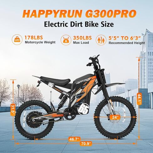 دراجة ترابية كهربائية للبالغين من HAPPYRUN G300 Pro، محرك 6500 واط وسرعة قصوى 50 ميل في الساعة، بطارية قابلة للإزالة 72 فولت 30 أمبير في الساعة نطاق 70 ميل، فرامل هيدروليكية تحميل 350 رطل in Kuwait