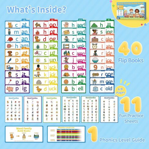 Word Family Build Book, Fun Phonics Flash Cards, 40 Read & Rhyme Flip Books, Learn to Read for Kids Ages 4-8, Educational Flash Cards for Kindergarten, Fun Sight Words & Phonics Games in Saudi Arabia
