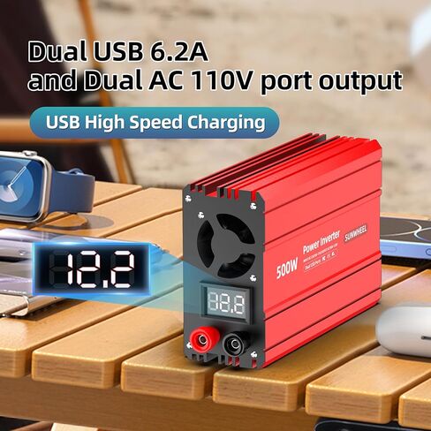 عاكس طاقة SUNWHEEL بقدرة 500 واط، تيار مستمر 12 فولت إلى 110 فولت تيار متردد، مع 2 منافذ USB 3.1 أمبير ومنفذ تيار متردد مزدوج، مجهز بولاعة سجائر واحدة ومشبكين بطارية لرحلة الطريق والتخييم in Kuwait