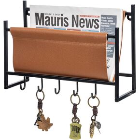 MyGift 5 Key Hook Industrial Matte Black Metal Hanging Magazine Rack with Caramel Brown Leatherette Sling, Wall Mounted Entryway Mail Holder and Key Hanger