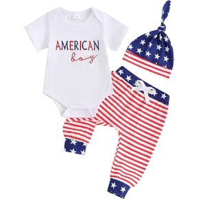4th of July Baby Boy Outfit Newborn My First Fourth of July Romper +star Striped Pants+hat Clothes Set