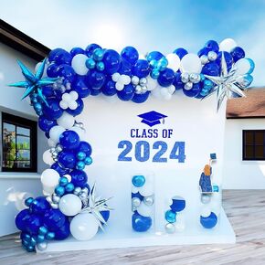 Royal blue White Silver balloon Garland Arch Kit Metallic Blue Balloons with Starburst foil balloons for 2024 Graduation Men birthday decorations Prom Ceremony supplies