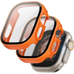 2 Pack Hard PC Case for Apple Watch Ultra/Ultra 2 Screen Protector 49mm, with 9H Tempered Glass Screen Protector, Full Protective Cover for iWatch Ultra Accessories 49mm, Orange