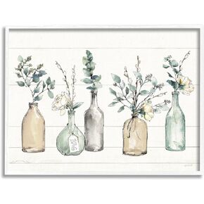 Stupell Industries Bottles and Plants Farm Wood Textured, Design by Anne Tavoletti Wall Art, 11 x 14, Multi-Color for Living Room, Grey Framed