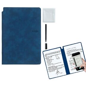 YIKANGHENG Wipeable Notebook with a Wipeable Pen and Rag, 9 Inch x 5.8 Inch Blue A5 Size PU Hardcover for Office and Taking Notes