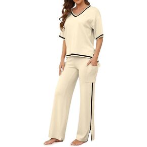 Casei Sweater Sets Women 2 Piece Lounge Sets Short Sleeve Knit Pullover Tops High Waist Wide Leg Pants with 2 Pockets in Kuwait
