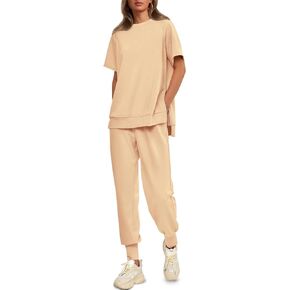 Fiosew Womens Summer 2 Piece Outfits Short Sleeve Side Zip T Shirts Sweatpants Joggers Sweatsuit Tracksuit Sets
