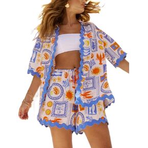 Argeousgor ملابس الشاطئ النسائية قطعتين، قميص بوهو مطبوع بأزرار سفلية، بدلة رياضية، أطقم صالة للعطلات الصيفية in Kuwait