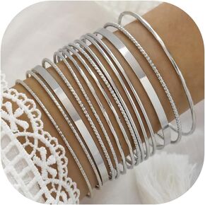 14Pcs Silver Bangle Bracelets Set for Girls Boho Multi Layer Stack Textured Bracelets Indian Chunky Bangle Bracelet for Women Teen